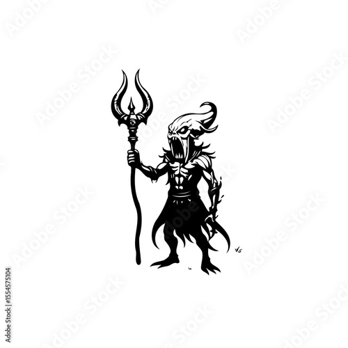 Creepy black and white illustration features a monster holding a trident, a scary scene to behold