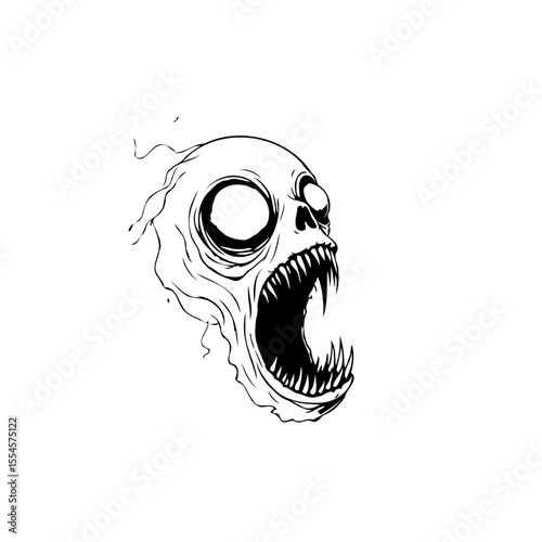 Drawing of a scary skull with sharp teeth and hollow eyes, expressing fear or scream in a minimalist style illustration