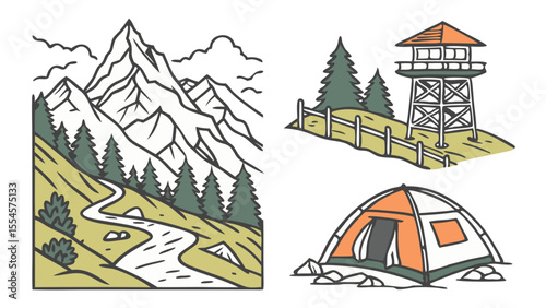 Vector art of mountain landscapes with a lookout tower and tent isolated on white background