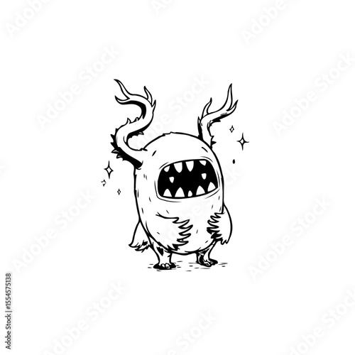 Whimsical creature illustration with stylized horns sharp teeth cartoonish character design adding playfulness