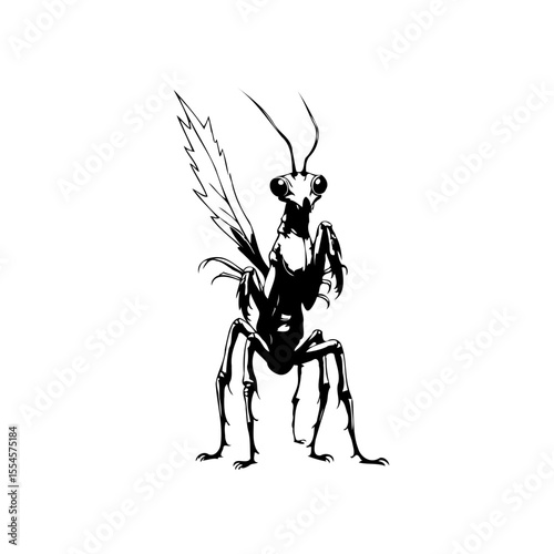Intricate ink drawing displaying a black and white stylized mantis insect with its detailed form