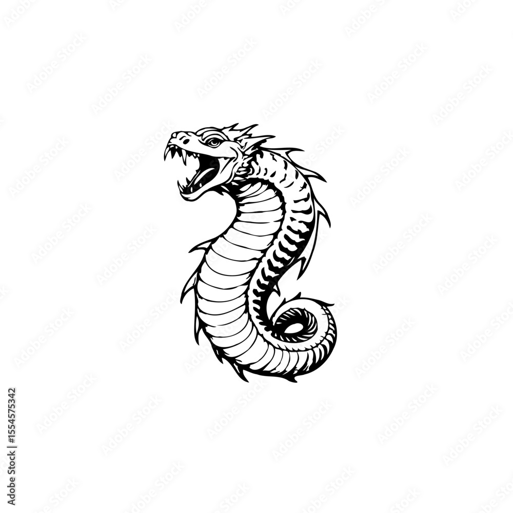 Fototapeta premium Mystical beast depiction: Intricate dragon vector illustration on a crisp white canvas showcases ancient mythology design