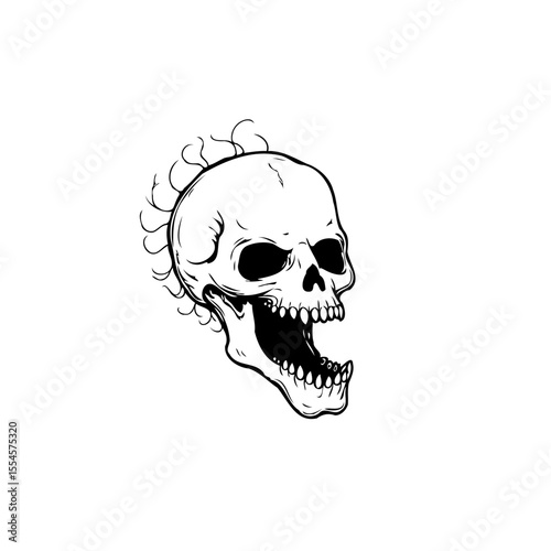 Illustration of a skull with a punk hairstyle, set against a pristine white background representing death
