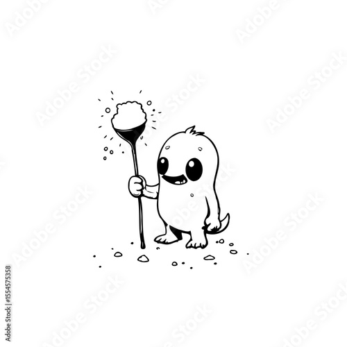 Whimsical cartoon alien character holding a spoonful of cosmic treat and space dust illustration artwork