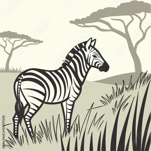 A zebra family grazes in the savanna in close proximity to other animals vector design