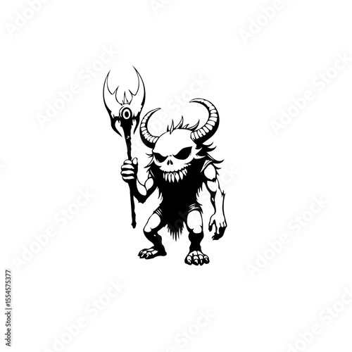 Illustration of a sinister demon creature wielding a magical weapon with horns and sharp teeth menacingly