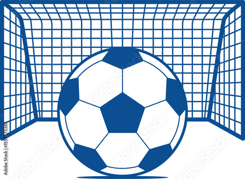 Blue soccer ball in front of a net isolated on white background, soccer ball on blue background