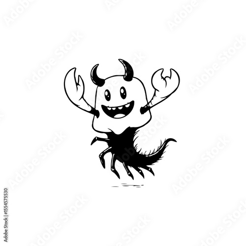Whimsical horned character with crab claws and spider legs vector illustration design template logo artwork
