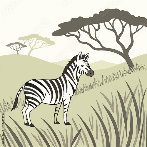 A zebra family grazes in the savanna in close proximity to other animals vector design