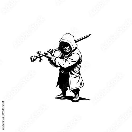 Mysterious hooded figure wielding sword in menacing pose, black and white illustration perfect for design