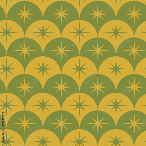 Olive green and mustard yellow mid century retro starbursts on ogee scallop shapes seamless pattern. For home décor, wallpaper and fabric