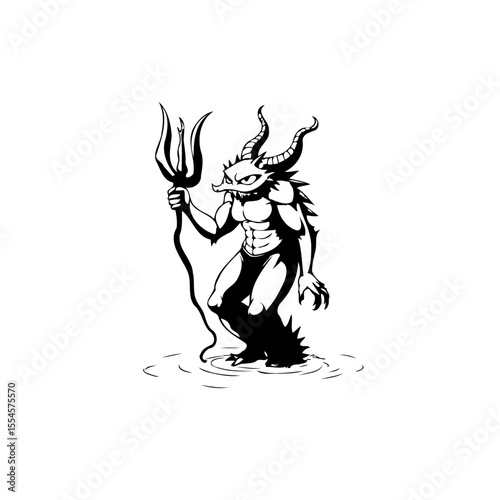 Creepy horned demon with a trident in hand standing in water artwork representation spooky vibe