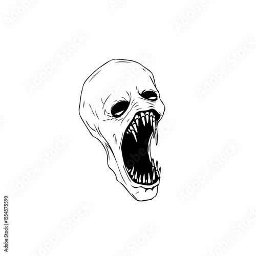 A chilling horror illustration depicting a screaming skull with sharp teeth against white background showcasing fear