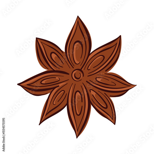 Star anise spice with petal segment in flat style. Perfect for culinary logo, spice shop packaging, herbal product decoration and botanical illustration.