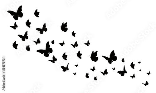 Butterfly swarm illustration in black silhouettes, creating a graceful design element for various projects including decorative patterns, backgrounds, nature themes, and elegant graphic assets.