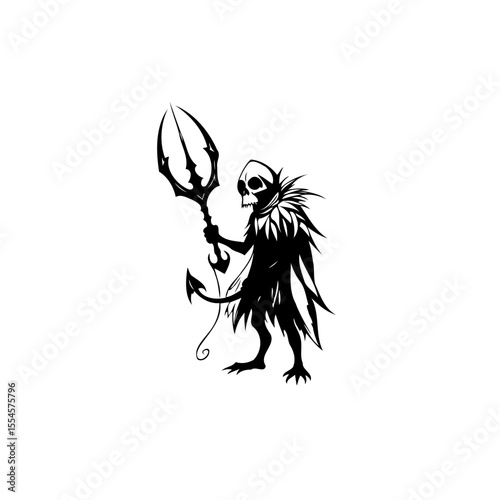 The sinister imp with trident a monochrome illustration capturing dark fantasy elements and eerie atmosphere