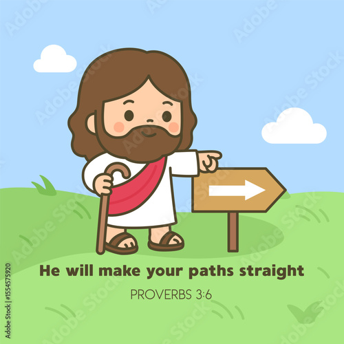Jesus Pointing at Signpost with He Will Make Your Paths Straight Verse