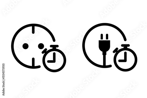 Power outlet and plug with timer icon set, representing scheduled power management, smart energy solutions, automation, and electrical efficiency concepts