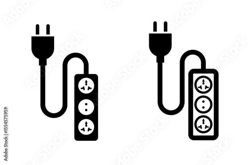 Power strip extension cord with plug vector icon set, illustrating electrical multi outlet solutions, energy distribution, and various power connection needs
