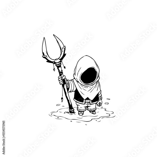 Mystical hooded figure wielding ornate staff standing in shallow water creating enchanting atmosphere drawing with fantasy