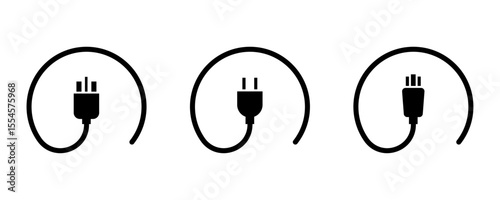 Power plug and cable connection vector icons illustrating diverse electrical standards, and universal compatibility for electronic devices, and power supply needs.