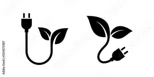 Green energy electric power plug and organic leaf vector icons symbolizing renewable energy sustainability and eco friendly technology solutions for environmental projects.