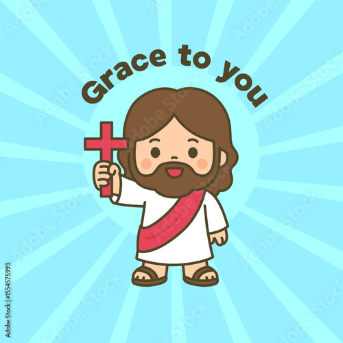 Smiling Cartoon Jesus Holding Red Cross with “Grace to You” Text on Blue Radiating Background