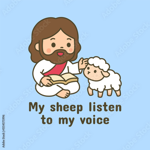 Jesus Sitting with Lamb and My Sheep Listen to My Voice Bible Verse