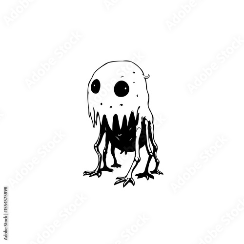 Spooky silhouette creature with expressive eyes standing a chilling black and white illustration