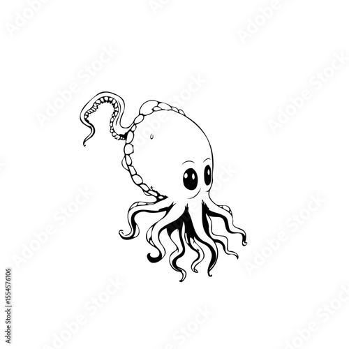 Adorable monochrome octopus illustration showcases charming sea creature with big eyes and playful tentacles design