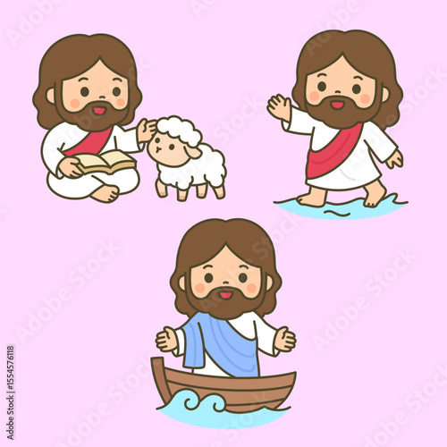 Cute Cartoon Jesus Reading Scripture beside a lamb, Walking on Water, and Sailing Boat