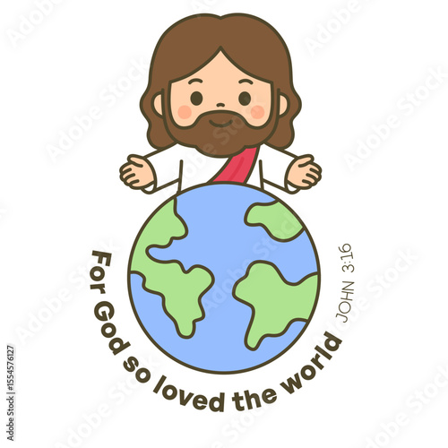 Smiling Jesus with Open Arms Above Earth with John 3:16 Bible Verse Illustration