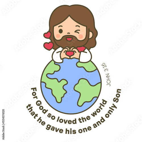 Jesus with Heart Hand Gesture over Earth with John 3:16 Bible Verse and Hearts