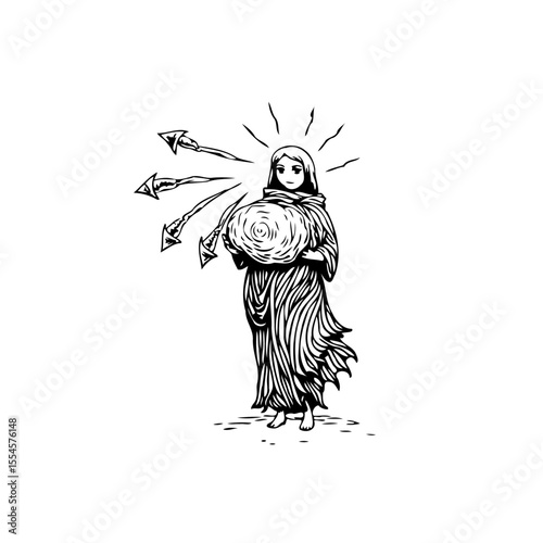 Mystical hooded figure shielding orb from arrows in symbolic illustration, conveying protection