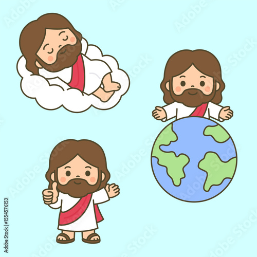 Cartoon Jesus with Earth, Sleeping on Cloud, and Thumbs Up Gesture
