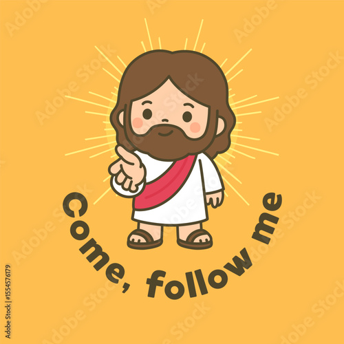 Jesus Pointing Forward with Come Follow Me Text and Radiating Light