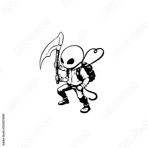 Cartoonish alien adventurer wielding a scythe ready for exploration and discovery in a minimalist style illustration