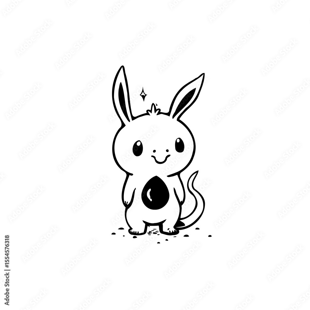 Fototapeta premium Cute cartoon bunny with big ears and a sweet smile in a black and white sketch
