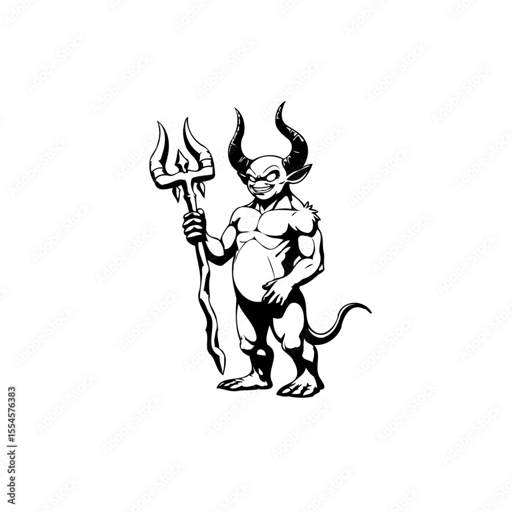 Fototapeta premium Black and white devil cartoon character standing holding a trident illustration design silhouette