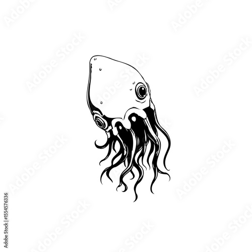 Ink drawing of a whimsical octopus creature with big eyes on white backdrop illustration
