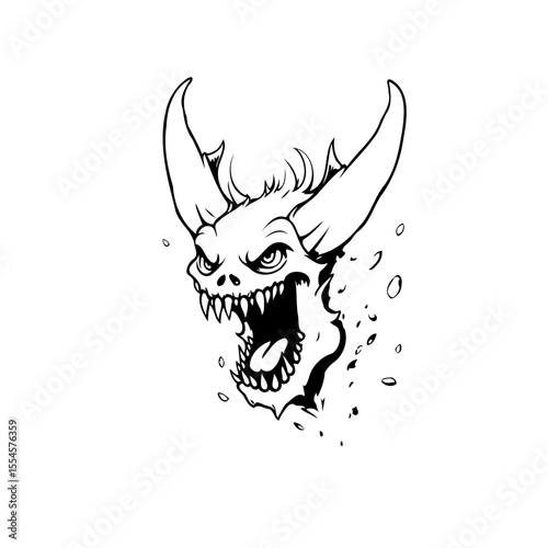 Intense depiction of a horned demon head emanating rage with sharp teeth and monstrous features in monochrome