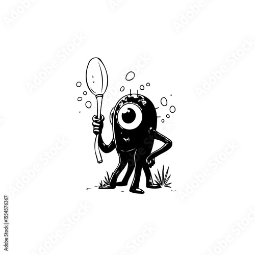 Single eyed monster holding a spoon illustrated in black and white, unique art style