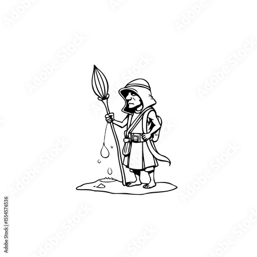 Cartoon warrior character illustration holding a spear standing on ground black and white digital art style drawing