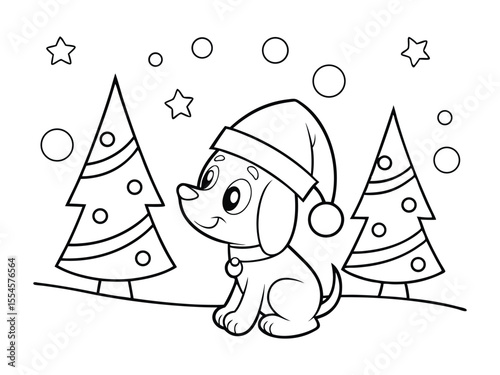 A Christmas colouring page, A4 size. Cute dog with Santa hat. A Christmas colouring page A4 size. 