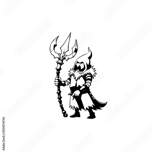 Illustration of a mystical figure holding a trident standing in black and white shades design fantasy artwork