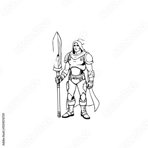 Fantasy character warrior illustration wielding spear black and white design for games and comics concept