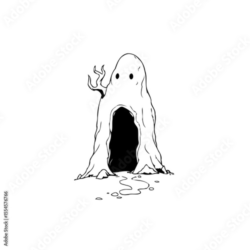 Mystical cave entrance illustrated with spooky character emanating wonder and the promise of adventure