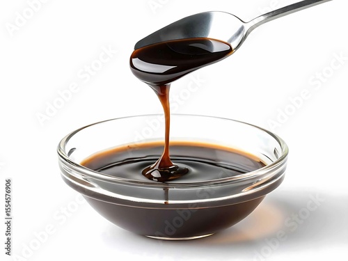 Dark molasses dripping from a spoon into a glass bowl isolated on white background