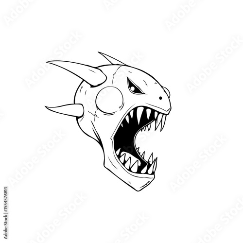 Stylized monster head illustration showcases sharp teeth, aggressive expression, and spiky features against a clean white background