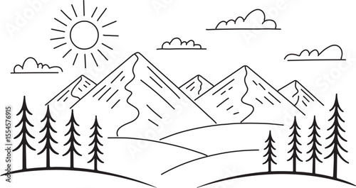 A mountain landscape with trees and clouds under the bright sun, landscape with mountains and trees